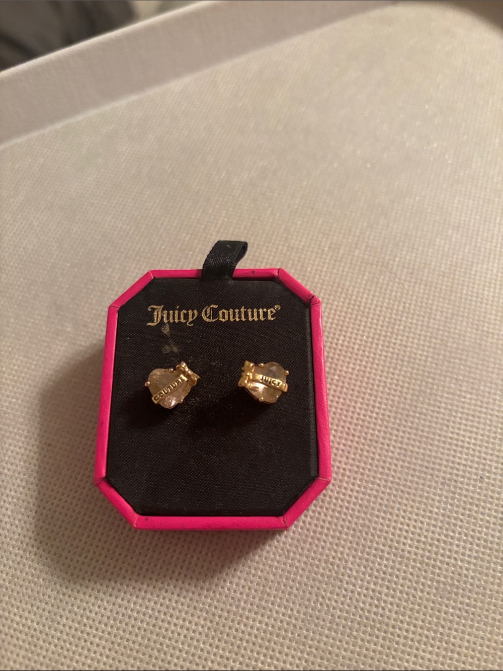 Vintage Juicy Couture Gold Heart Logo Stud Earrings with Pink Trim Box